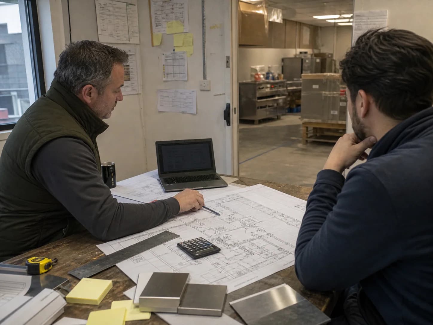 Project team reviewing a commercial kitchen equipment schedule and floor plan