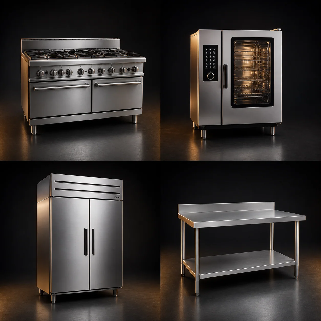Commercial range, combi oven, upright refrigerator, and stainless-steel worktable
