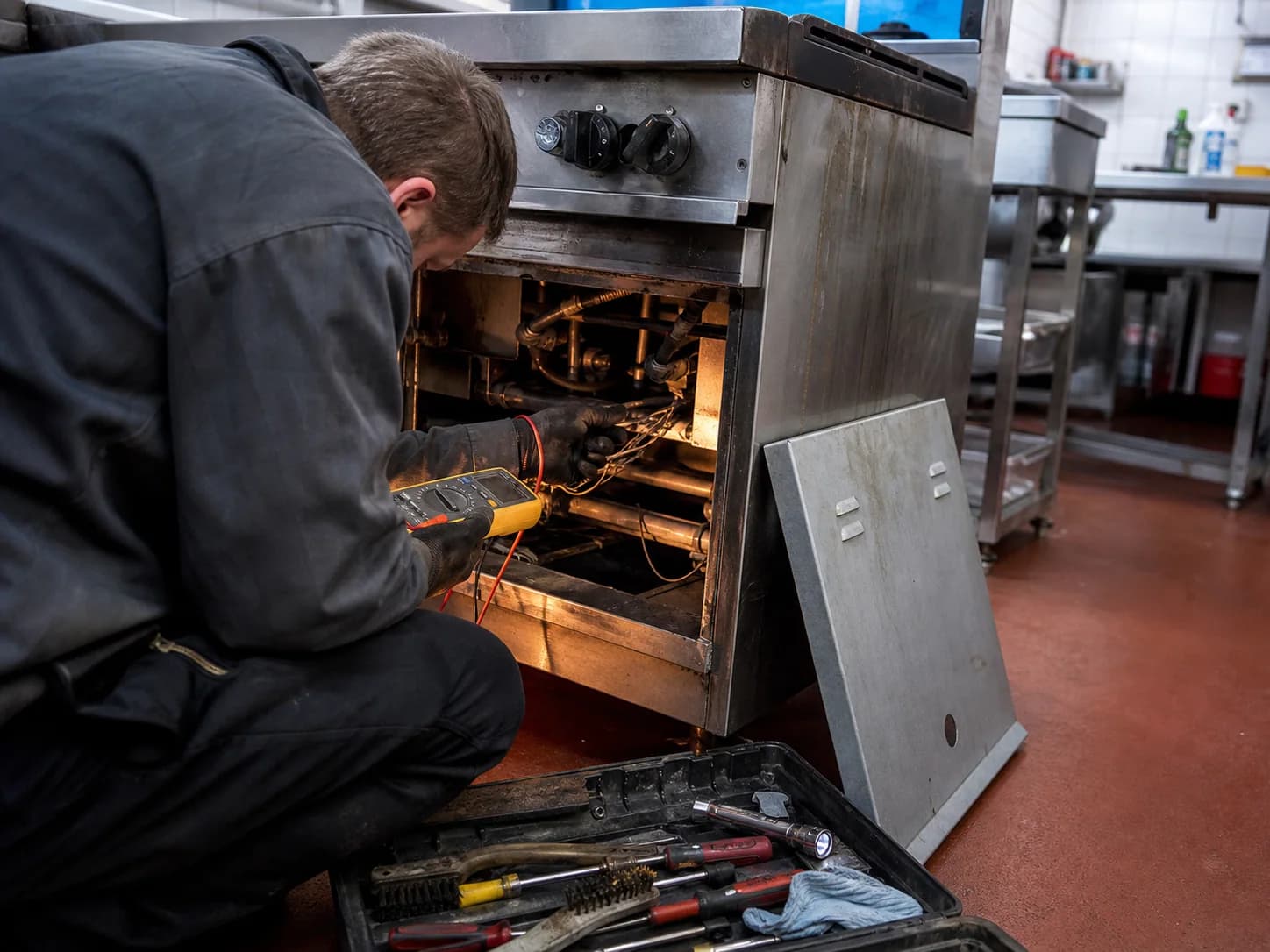 Service technician carrying out preventive maintenance on a commercial range