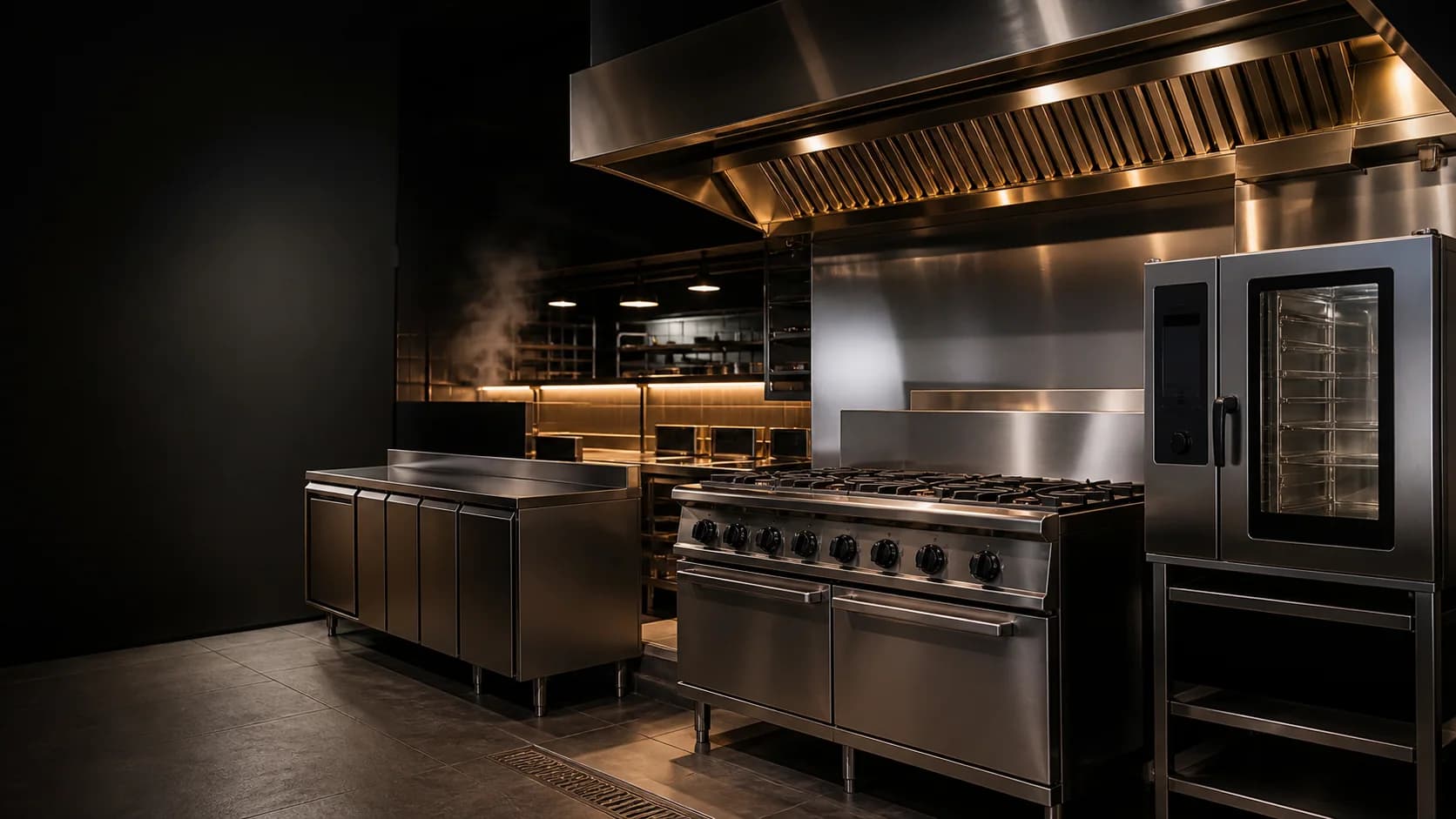 Professional commercial kitchen with a range, combi oven, and stainless-steel worktables